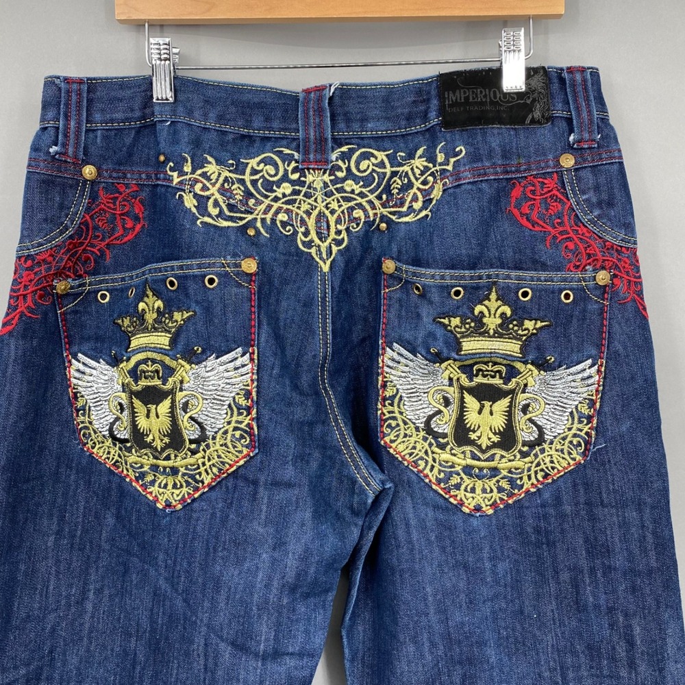 Imperious Delf Trading Y2K Mens Jeans W36XL32 Embroidered Crown Phoenix‎ Baggie